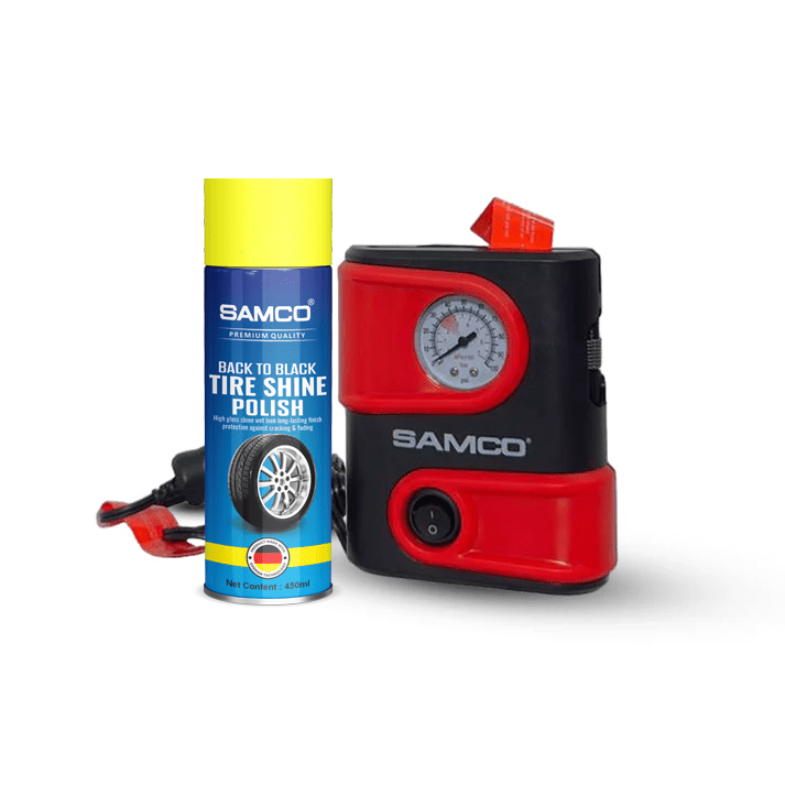 Samco Car Aircompressor/Tyre Inflator with LED Light - SM1610 With Tire Shine Spray - Samco Pakistan