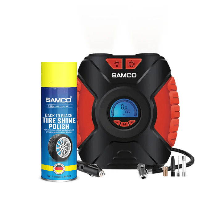 Samco Digital Tyre Inflator with LED light - SM1618 With Tire Shine Spray - Samco Pakistan
