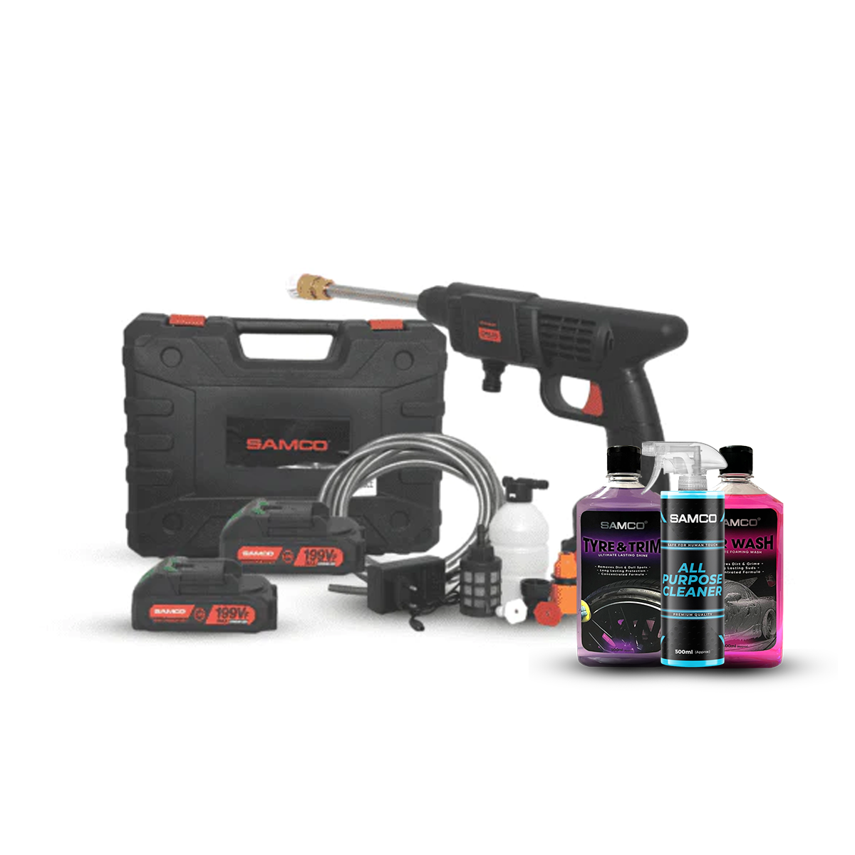 Samco Cordless Pressure Washer - Double Battery + Foaming Shampoo + Samco Tyre & Trim Gel + All Purpose Cleaner - Samco Pakistan